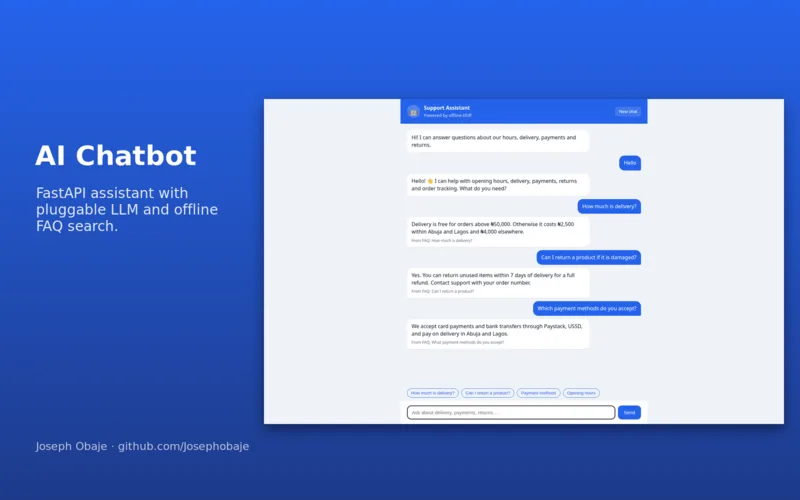 AI chatbot web UI answering delivery, returns and payment questions