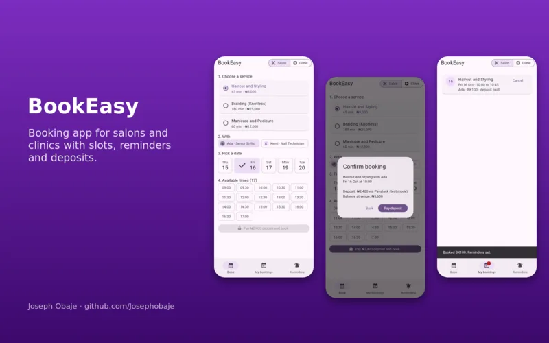 BookEasy booking screens: service and slot picker, deposit confirmation and bookings list