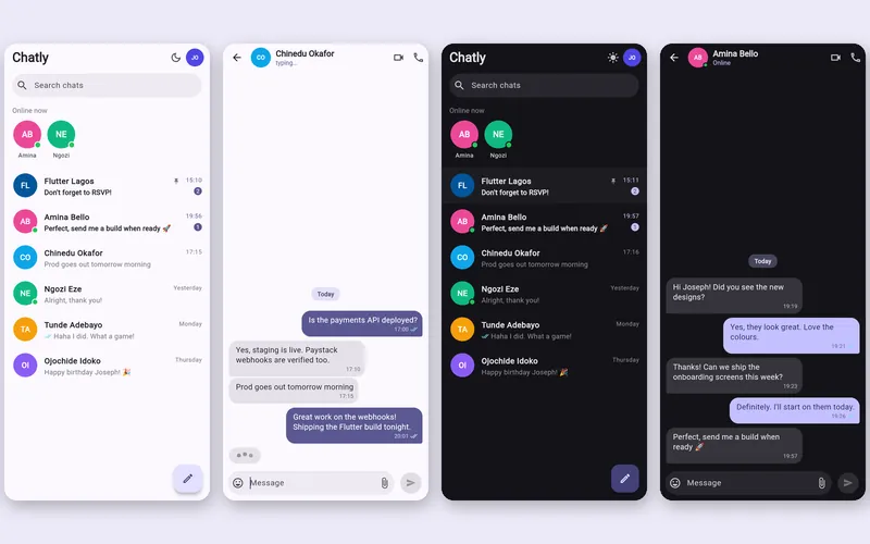 Chatly app screens: conversation list, chat with typing indicator and dark mode