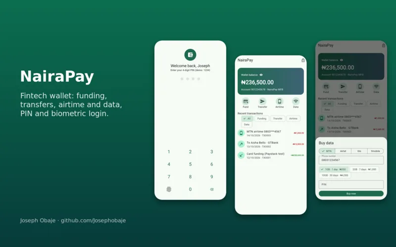NairaPay wallet screens: PIN login, wallet balance and data purchase
