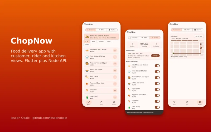ChopNow food delivery app screens: menu, kitchen order queue and live rider tracking