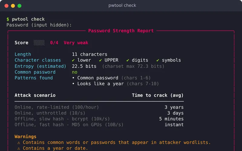 Password Security Toolkit terminal output with a strength report