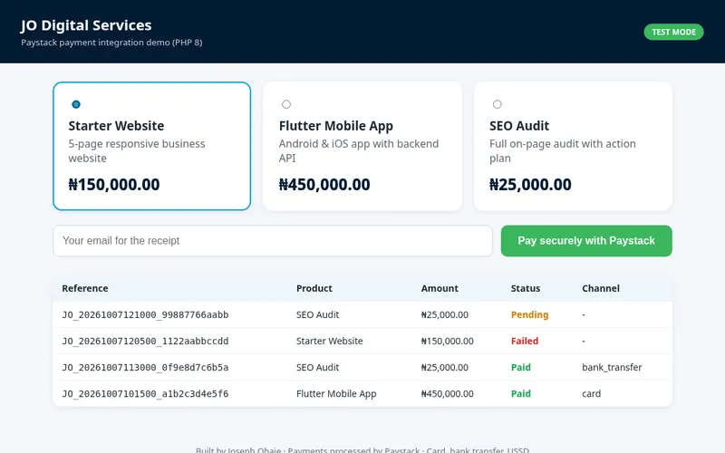 Demo checkout page with service plans and a Pay securely with Paystack button