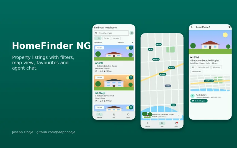 HomeFinder NG screens: property listings, map with price pins and listing details