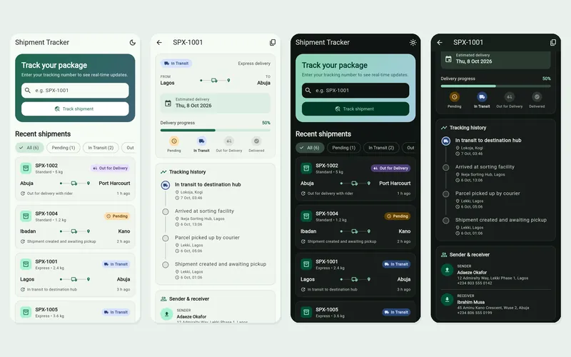 Shipment Tracker app showing a delivery timeline and progress bar