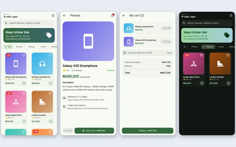 ShopEase app screens: home, product details, cart and dark mode