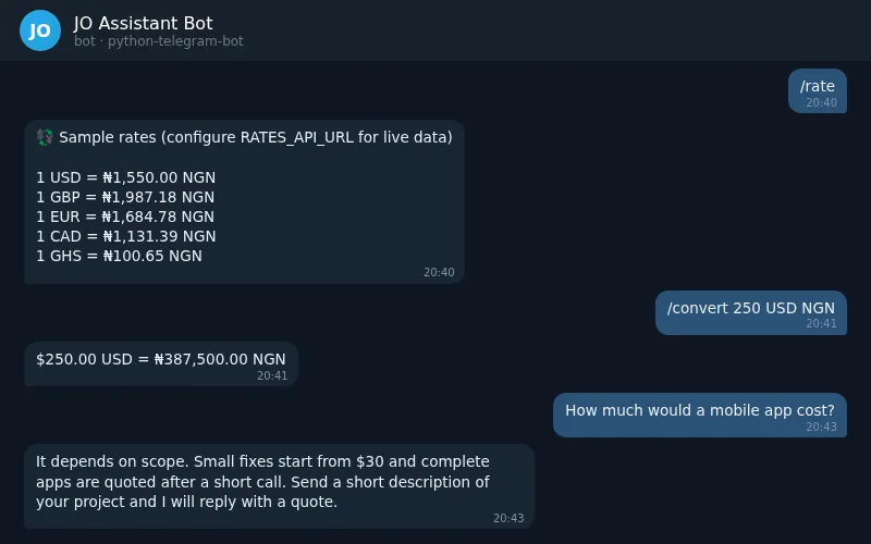 Telegram chat with the bot showing Naira exchange rates, a currency conversion and an FAQ answer