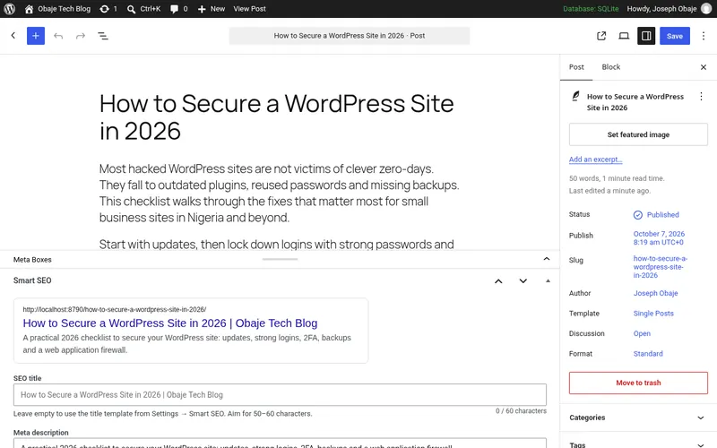 WP Smart SEO meta box with a search result preview in the WordPress editor